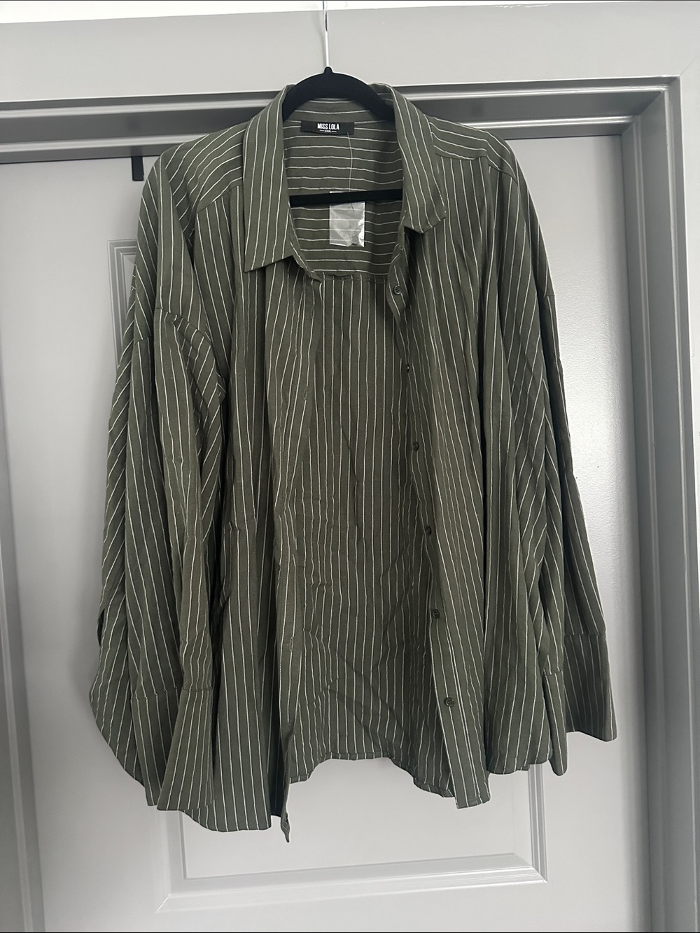 Miss Lola | Olive Green Oversized Pinstripe Button-Down Shirt